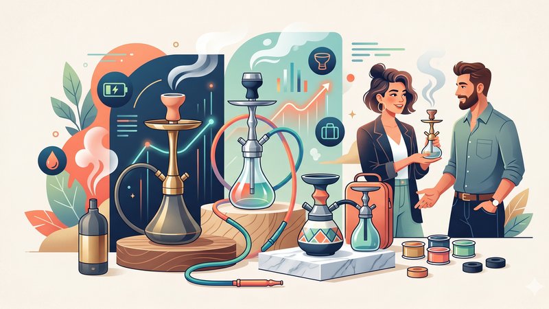 Современная иллюстрация портативных мини-кальянов в минималистичном стиле для статьи о трендах 2026 года